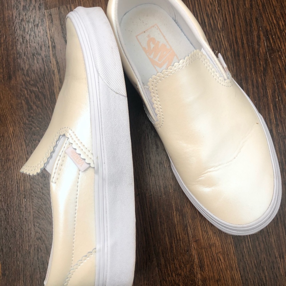 Iridescent Pearl White Vans Classic Slip-Ons